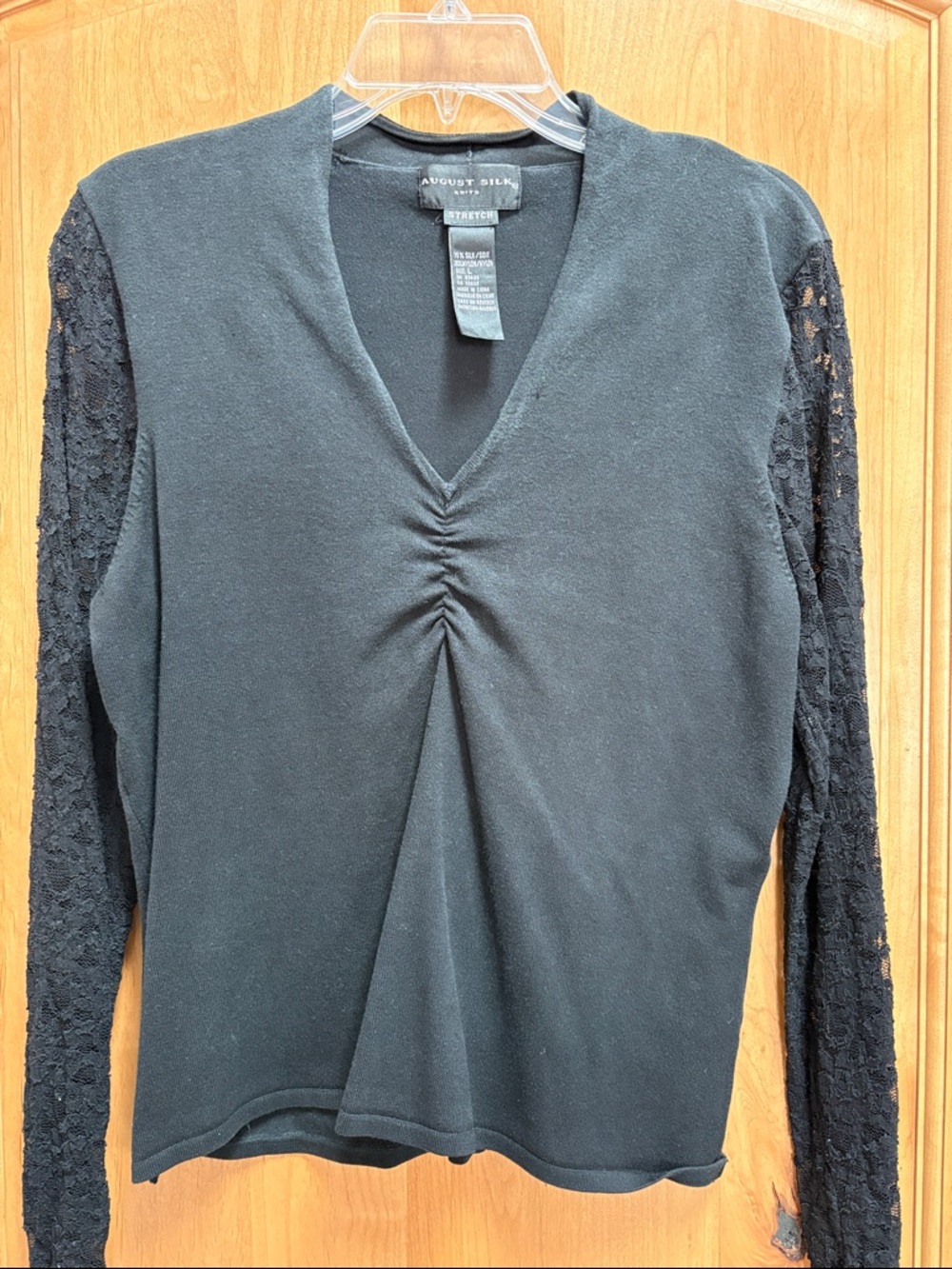 August Silk Black V-Neck Top with Lace Long Sleeves
